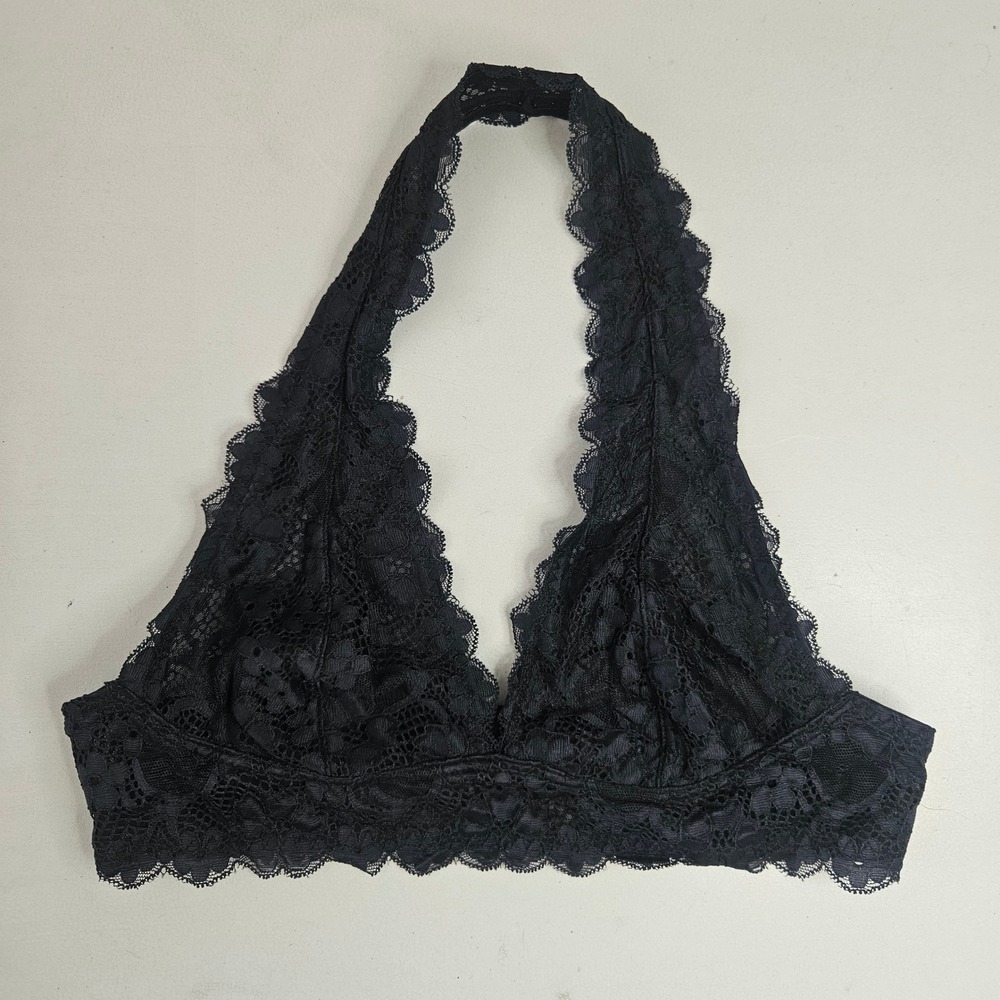 Intimately Free People Black Floral Lace Halter Bralette Scalloped Trim Medium